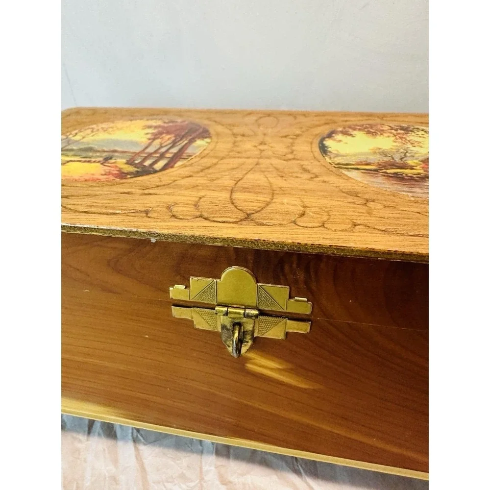 Vintage Cedar Jewelry box with carved and fall decopage lid, mirror inside